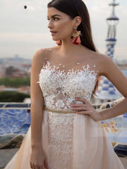 Elegant 2 In 1 Wedding Dress Champagne Tulle  With Gold Belt  Removable Train Appliques Lace Sleeveless Bridal Gowns