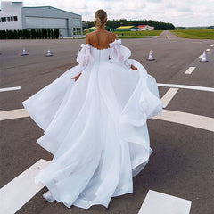 Backless Puff Sleeves Organza Wedding Gown