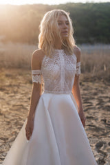 DREAM Satin Bohemian Wedding Dress For Brides 2023 Off The Shoulder Lace Halter Boho Bridal Gown With Detachable Sleeves