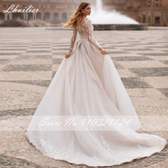 Lhuilier A-line Scoop Neck Beaded Wedding Dresses 2022 Lace Appliques Long Sleeves Court Train Floor Length Bridal Dress