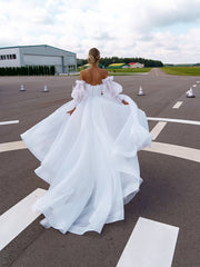 Boat Neck Detachable Puff Sleeve A-Line Wedding Dress