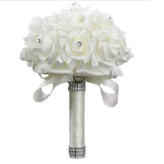 Holding PE Flowers Artificial Rose Wedding Bouquet with Silk Satin Ribbon Champagne Bridesmaid Bridal Party Multi Color