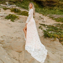 Lace Boho Wedding Dress for Women 2023 Long Sleeve Side Slit Backless Beach Bride Dresses Bridal Gowns Vestido De Noiva