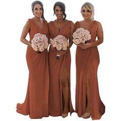 Sexy High Slit Mermaid V Neck Bridesmaid Dress Sky Blue Chiffon Plus Size Sweep Train Wedding Party Dress Pleats Ruching WB9953