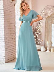 Women Pink Bridesmaid Dresses Long Elegant A Line Double V Neck Ruffles Chiffon Formal Wedding Party Dress New Long Prom Dress