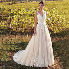 Elegant V-Neck Wedding Dresses For Women A-line Appliques Floor Length Bride Gowns Lace Backless Bridal Dress Vestidos De Noiva