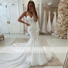 Lhuilier Women's Elegant Mermaid Lace Wedding Dresses Corset Back Sleeveless Lace Appliques Bridal Gown with Detachable Train
