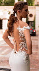 Boho Mermaid Wedding Dress 2023 Satin Cap Sleeve Vestido De Noiva Lace Bohemian Bride Dresses With Romantic Buttons