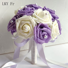 LKY Fr Bride Bouquet Wedding Accessories Bouquet for Bridesmaid Marriage Blue White PE Foam Rose Wedding Flowers Bridal Bouquets