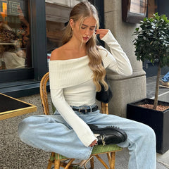 WhereMery Solid Elegant Off Shoulder Ribbed Crop Tops Summer Fashion Casual Skinny Long Sleeve Camis Gentle Y2K Tight T-shirts