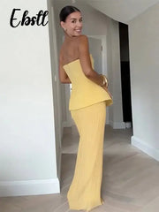 Elegant Strapless Top Skirts Set Women Slim Backless Sleeveless Tops High Waist Pleated Skirt 2025 Spring New Lady Solid Outfits