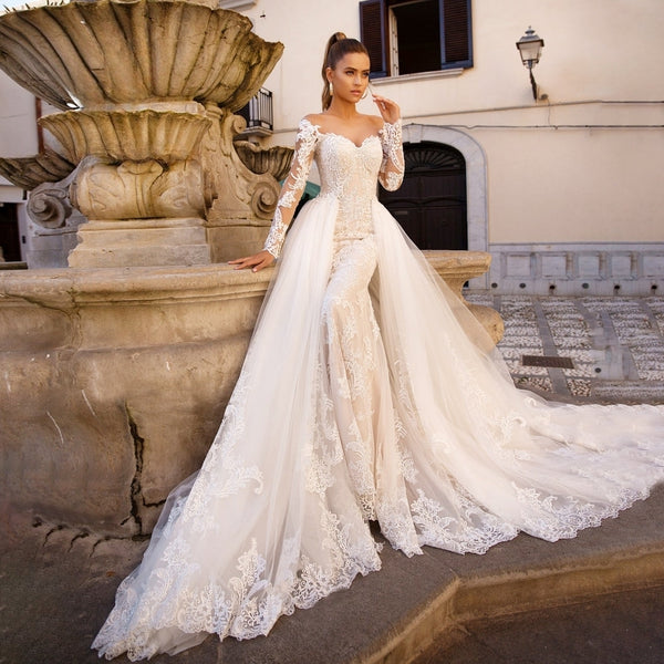 long sleeve wedding dress with detachable train Tulle With Detachable Train Wedding Dresses Sequin Off Shoulder LongSleeve  Gown
