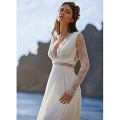 Long Sleeve V-Neck Chiffon Gown