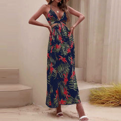 Summer Dresses For Women 2023 Sexy Split Long Dresses Beach Floral Dress Open Back Bow Knot Open Collar Slit Dress Vestidos