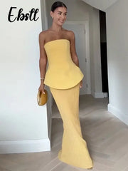 Elegant Strapless Top Skirts Set Women Slim Backless Sleeveless Tops High Waist Pleated Skirt 2025 Spring New Lady Solid Outfits