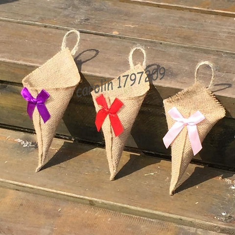 24pcs burlap jute Hessian Pew Cone Flower Holder with ribbon