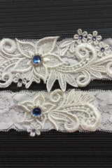2pcs Wedding Bridal Garter ivory Lace Flower Rhinestone