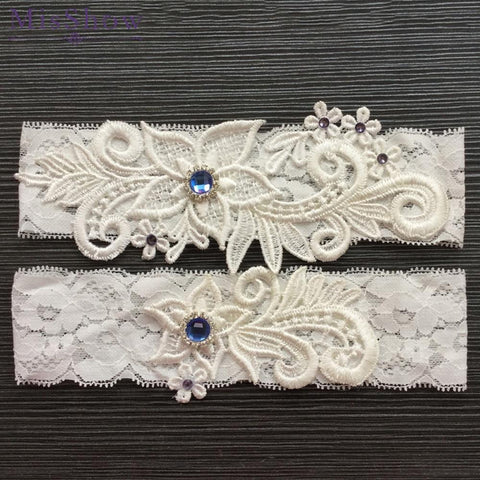 2pcs Wedding Bridal Garter ivory Lace Flower Rhinestone