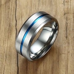 8mm Casual Black Men Ring Blue Line Stainless Steel Male Wedding Band
