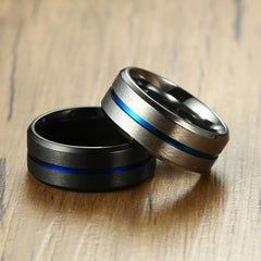 8mm Casual Black Men Ring Blue Line Stainless Steel Male Wedding Band