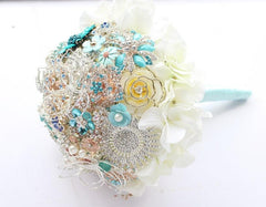 9 Inch Hydrangea Bouquet / feather the sides, crystal, pearl bouquet
