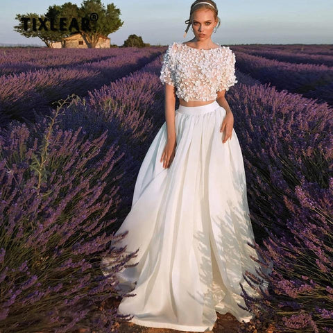 YEEH Bohemian Two Pieces Wedding Dress Satin O-neck 3D Floral Lace Appliques Bridal Dress Country Draped Train Robe De Mariee