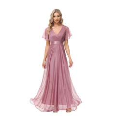 Shinning Wedding Party Dress Purpul Pink Lotus Leaf Short Sleeve Long Evening Dress V-neck A-line Prom Gowns Formal Robe