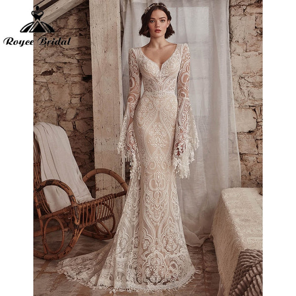 Chic Mermaid Boho Wedding Dress V Neck Backless Long Flare Sleeve Lace