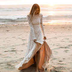 Lace Boho Wedding Dress for Women 2023 Long Sleeve Side Slit Backless Beach Bride Dresses Bridal Gowns Vestido De Noiva