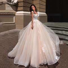 Sexy Champagne Princess Wedding Dresses 2020 With 3D Floral Appliques Lace Bridal Gowns Backless Vestido De Noiva Buttons Back