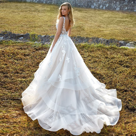Tiered Appliques Backless Gown
