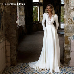 Bohemia Simple Lace Wedding Dresses For Women A Line Chiffon Bride Dress Long Sleeves Sexy V Neck Bridal Gown Vestidos De Novia