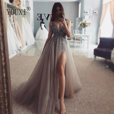 Beaded A-Line Backless Gown