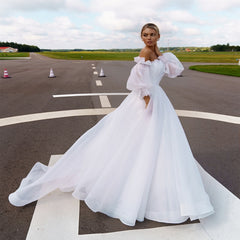 Boat Neck Detachable Puff Sleeve A-Line Wedding Dress