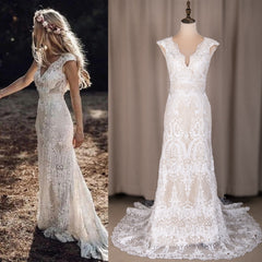 794#100% Real Photos Sexy V-Neck Open Back Cap Sleeves Mermaid Bohemian Sweep Train Lace Wedding Dress Bride Gown for Women2023