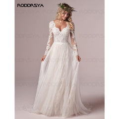 RODDRSYA A Line Long Sleeves Wedding Dresses Lace Bridal Gowns 2022 Tulle Ivory Vestido De Novia Open Back свадебное платье
