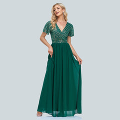 2023 New Women Green Evening Dresses Elegant V-Neck Sequins Chiffon Formal  Gown Robe Vestidos De Fiesta Dress For Wedding Party