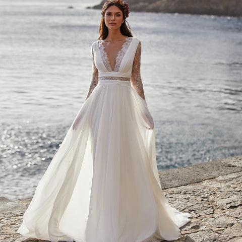 Long Sleeve V-Neck Chiffon Gown