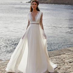 Long Sleeve V-Neck Chiffon Gown