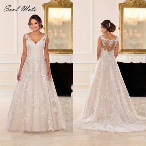 Vintage A Line Wedding Dresses For Women Lace Appliques Cap Sleeve Bride Dress Illusion Button Back Bridal Gown Vestido De Novia