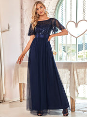 Robe De Soiree Sparkle Evening Dresses Long A-Line O-Neck Short Sleeve Formal Dresses Women Elegant Gowns Sequined Tulle Vestido