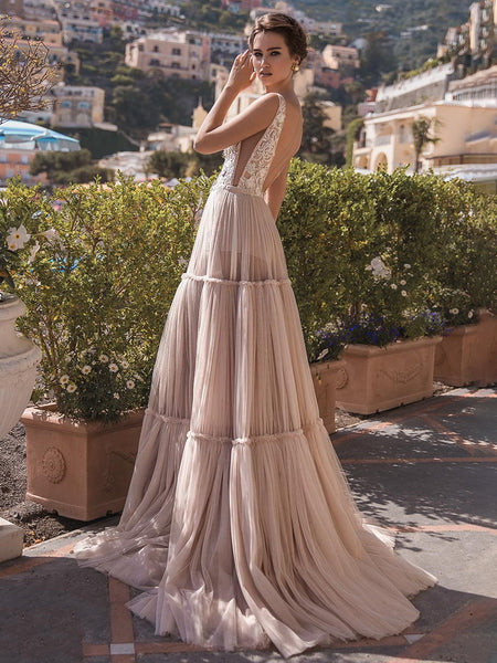 Light Champagne Sleeveless Plunging V-Neck Lace Prom Dresses   cg12817 main image 1