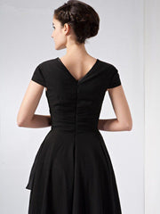 A Line V Neck Cap Sleeves Chiffon Long Wedding Guest Dress