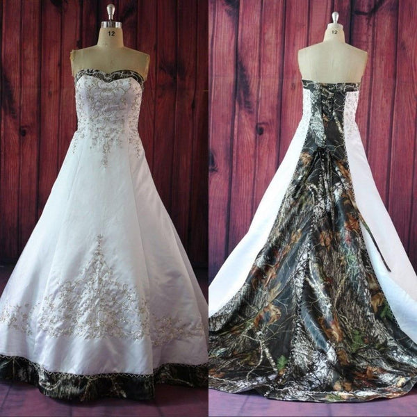 Camo Wedding Dresses Strapless Lace Up Camouflage, White / 2