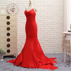 Celebrity Inspired Dress Mermaid V-neck Sweep Train Satin Red Backless