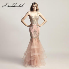 Celebrity Inspired Dress Spaghetti Strap Blush Mermaid with Golden Crystal Appliques