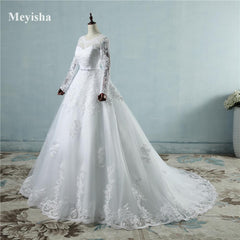 Corset lace up White Wedding Dress with lace edge big train long sleeves  size 2 26W