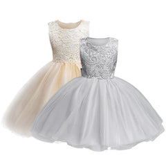 Girls Tulle Lace Flower Bridesmaid Gown Backless Dress with Bow