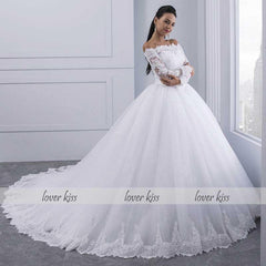 Lace Wedding Dress Long Sleeves Off Shoulder Tulle Puffy