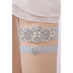 Light Blue Garter With Rhinestone Hand Made Pearl Bridal Thigh Garter Belt